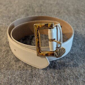 Talbots Womens White Leather Beach Belt Gold Starfish Fish Made USA Size 30